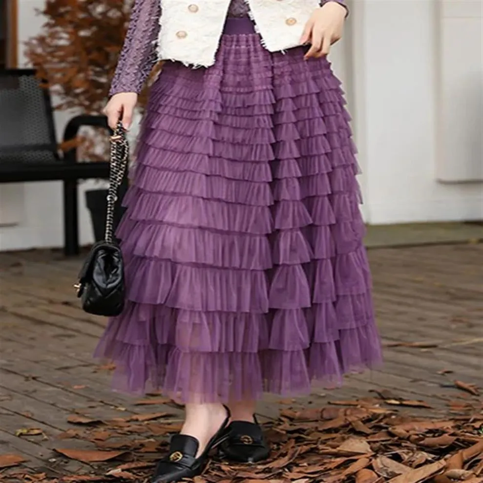 Kvinnor kjolar hög midja smal skikt kaka kjol för kvinnor höst vinter ny mode tusen lager mesh lång kjol 2024289j