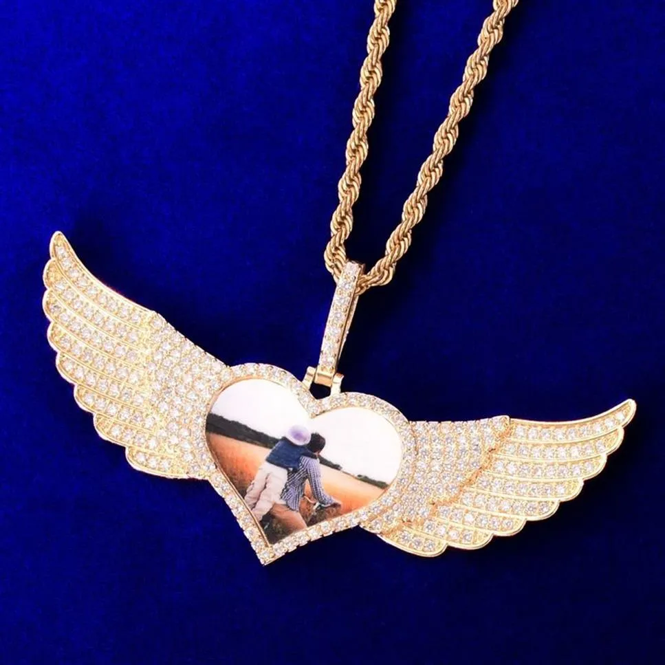 Custom Made Po Heart With wings Medallions Necklace & Pendant Rope Chain Gold Silver Color Cubic Zircon Men's Hip hop Jewe239b