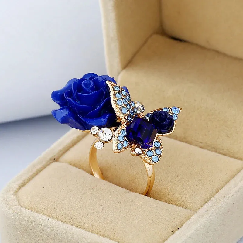 Solitaire Ring Colorful Harts Rose Flower Opening Resizable Gothic Crystal Finger Wedding Engagement Party Vintage Jewelry for Women 231011