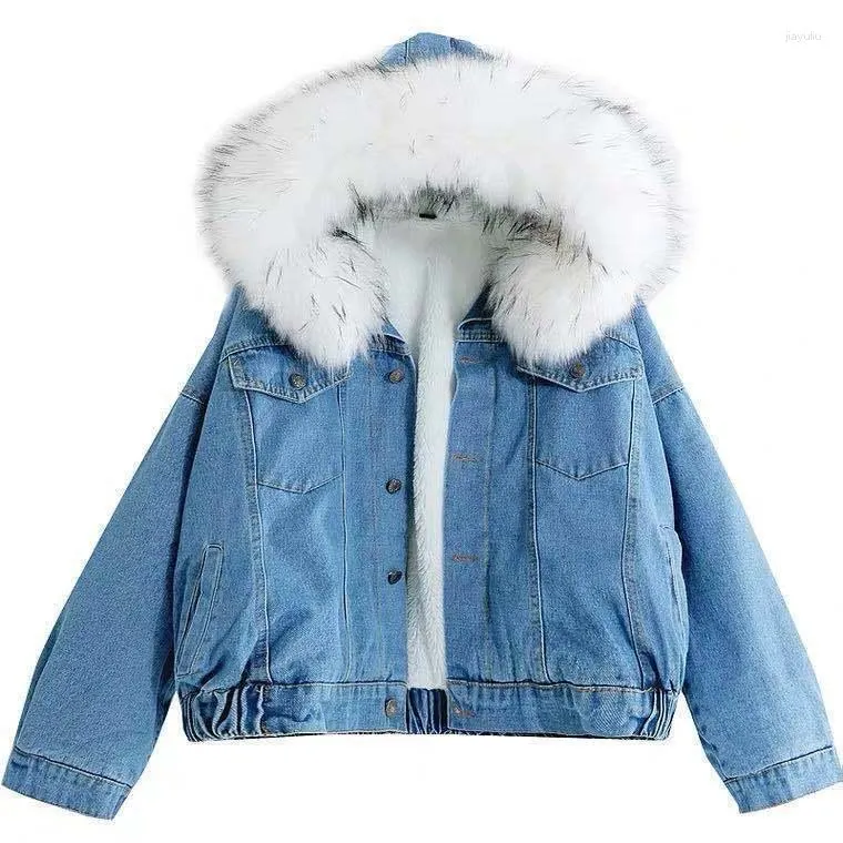 Trenchs de femmes automne / hiver fad denim veste femme version coréenne lâche fille étudiant peluche épaissie grand col de fourrure manteau à capuche