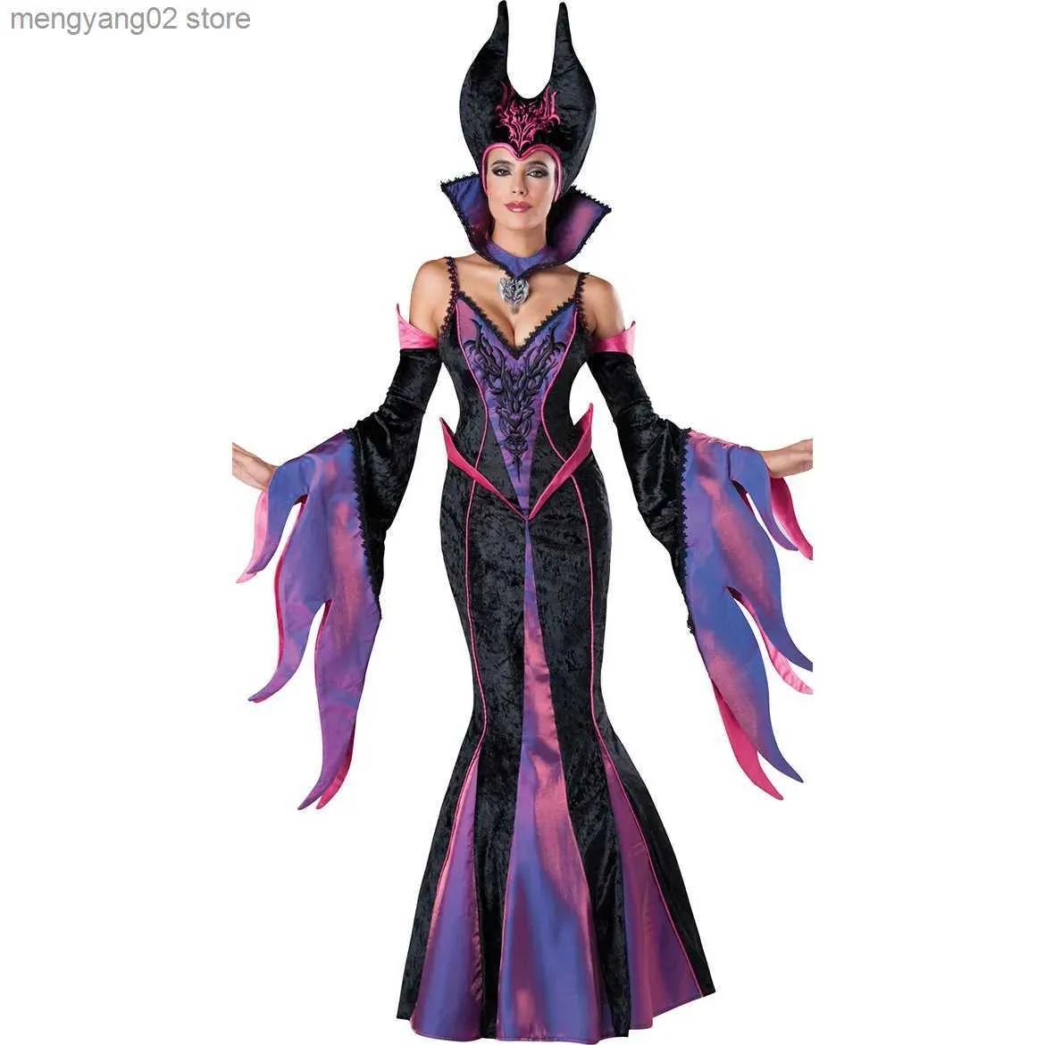 Thème Costume Sorcière Maléfique La Belle au Bois Dormant Cosplay Vient Femmes Adultes Hallowen Comes Evil Robe Noire Corne Chapeau Tenue Chapeau Casque Capuche T231011