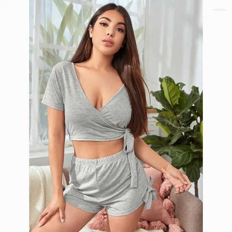 Abbigliamento per la casa Pigiama sexy con scollo a V Set Pigiama di cotone per le donne Abito a due pezzi Indumenti da notte morbidi Intimo estivo Lingerie Pigiama casual Abbigliamento per la casa