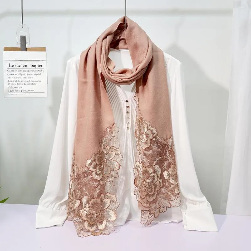 Scarves Autumn And Winter Cotton Wool Scarf Thin Spinned Twill Lace Embroidery Flower Red Overlay Shawl