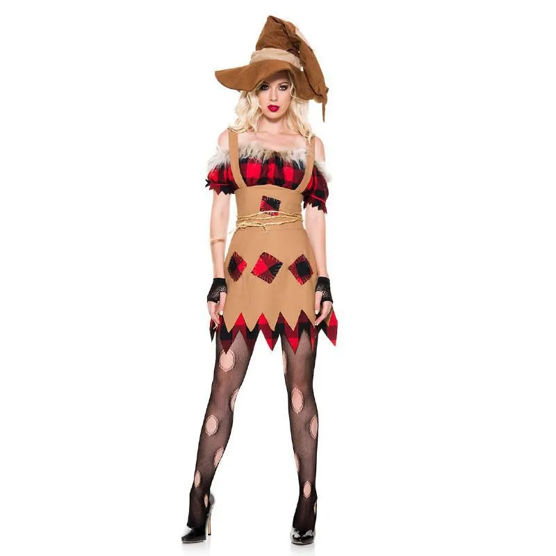 Cute Orange Scarecrow Witch Costume Dress, Hat and Gloves Set for Halloween Party in European and American Games