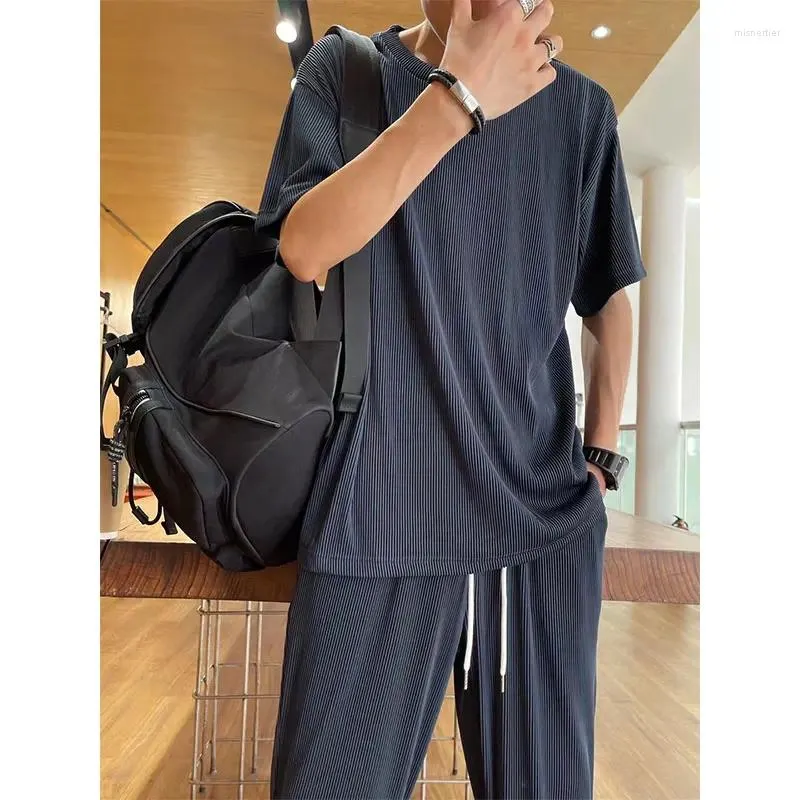 Men's Tracksuits Elastic Silky Casual 2-Piece Set Loose Straight Pleated Sports Pants Summer Thin Section Handsome Drape Suit Mens Clothing