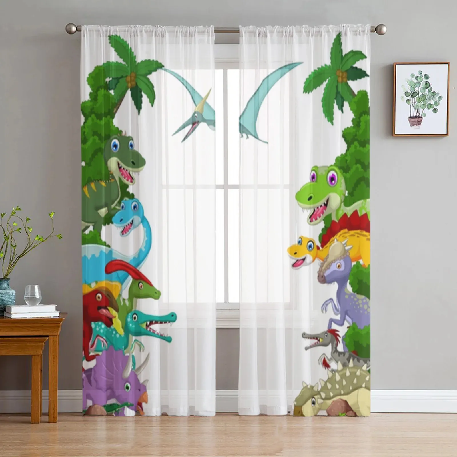 Curtain Jungle Cartoon Dinosaur Tulle Curtains for Bedroom Home Decor Living Room Kitchen Voile Blind Drapes 231010