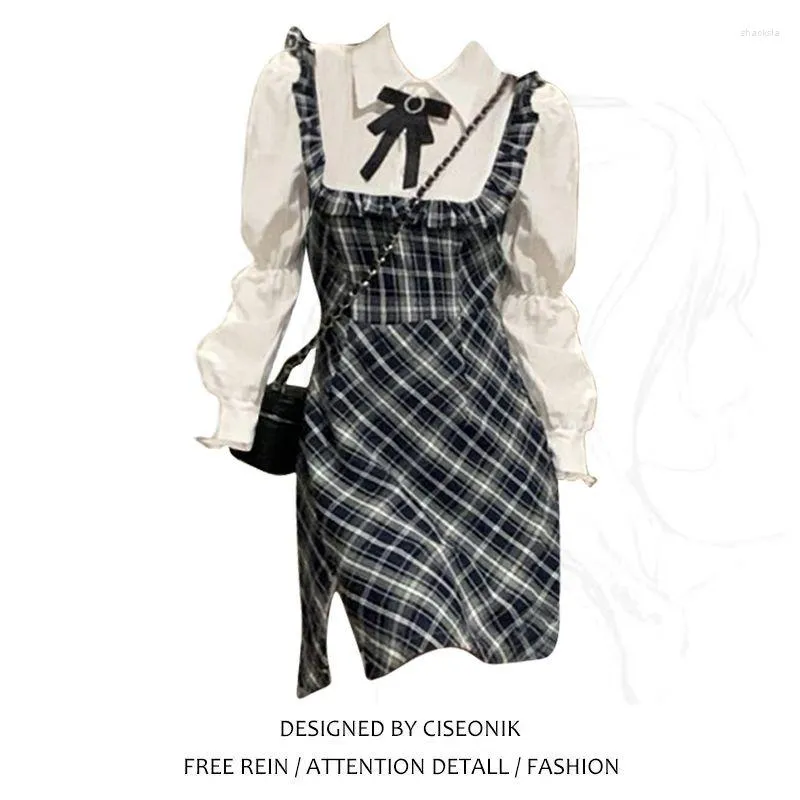 Casual Dresses Oversize Fat Girls Waist-in Bow Polo Neck Plaid Women's Dress Preppy Style Spliced Shirt