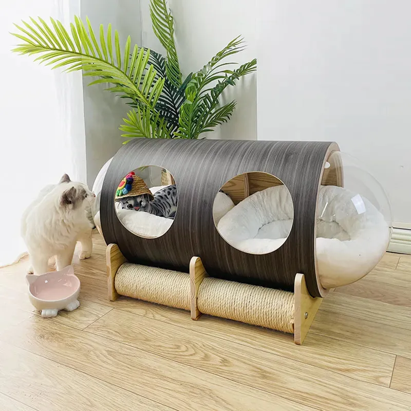 Katzenbett-Möbel, 90 x 45 x 43 cm, hölzerne Katzenraumkapsel mit Kissen, modernes Acryl, transparenter geschlossener Tunnel, kleines Haustierbett, Katzen- und Hundemöbel 231011