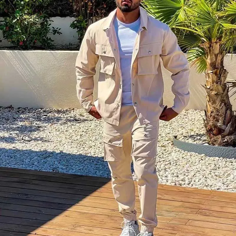 Men's Tracksuits 2023 New Men's Overalls Set Casual Streetwear Solid Color Long Sleeve Chore Coat Cargo Pant Suit 2 Pieces Luxury Clothing Set T231011