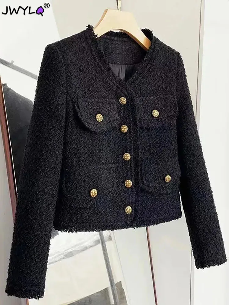 Kvinnors jackor vintage små doftande tweed jacka kvinnor höst vinter ull kort svart jacka streetwear mode smal utkläder skördetoppar 231010