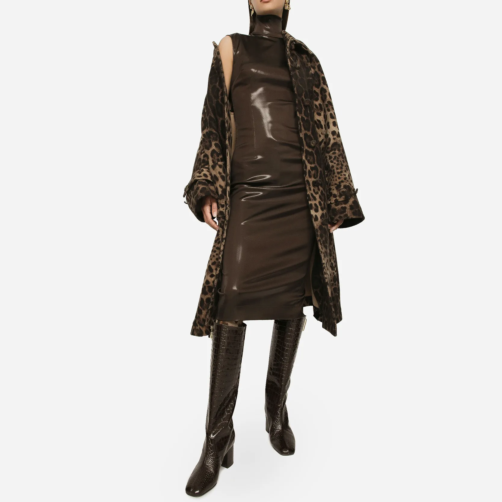 European fashion brands Long sleeved lapel leopard print coat