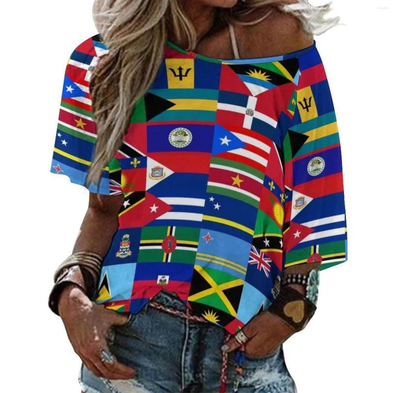 Dames T-shirts Vlaggen van het Caribisch gebied Ruffle Korte mouw Zomer V-hals Tops Fashion Casual T-shirt Cuba Puerto Rico Dominicaanse