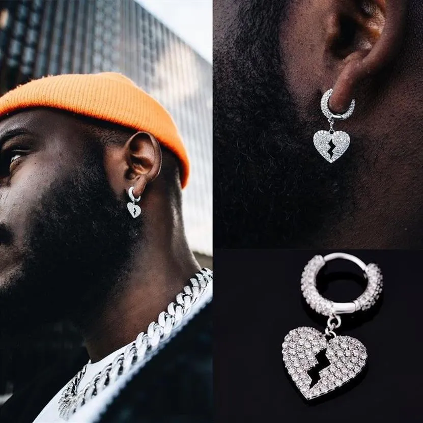 iced out bling hip hop boy men jewelry micro pave clear cz 5A cubic zirconia heart charm hoop earring236d