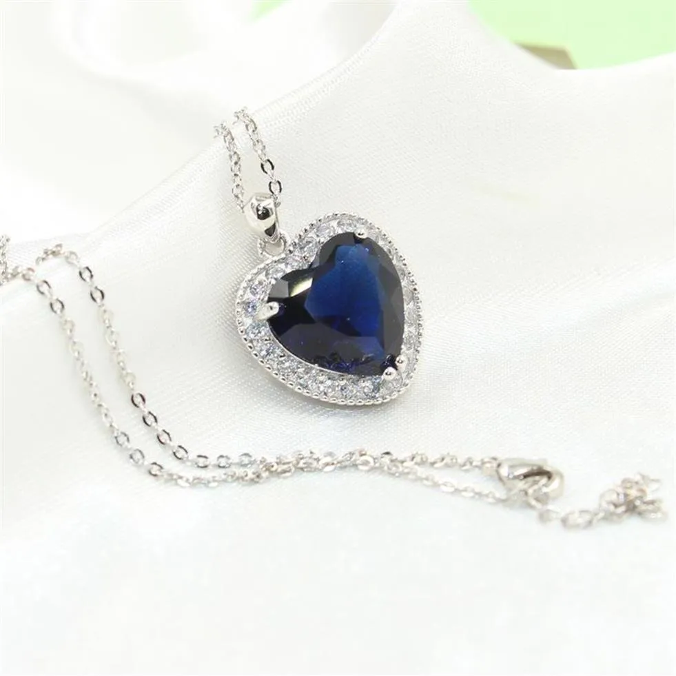 Heart choucong Unique Brand New Luxury Jewelry 925 Sterling Silver Big Blue Sapphire CZ Diamond Party Chain Pendant Necklace For W176F