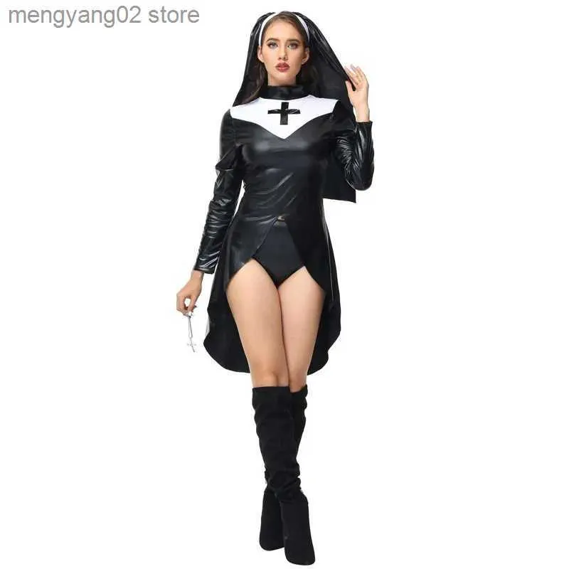 Theme Costume Aboutcos Women Saintlike Seductress Come Faux Leather PVC Wetlook Nun Come Halloween Cosplay Fancy Dress T231011