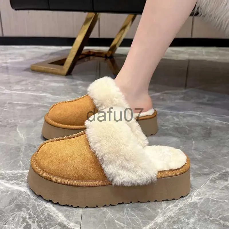 Slippers Shoes Woman 2023 Plush Slippers For Adults Low Pantofle Platform Fur Flat New Hoof Heels Cotton Fabric Rubber Rome Basic Slides x1011