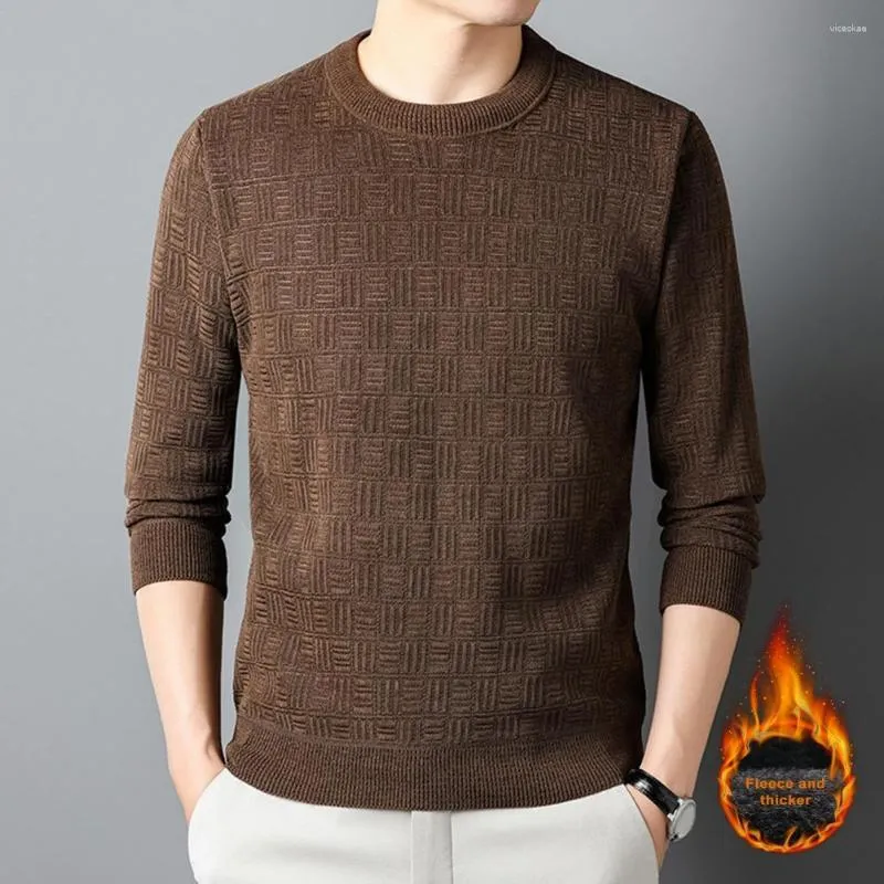 Suéter masculino outono inverno suéter de malha grossa em torno do pescoço quente aplique elástico fino ajuste macio casual comprimento médio pulôver top