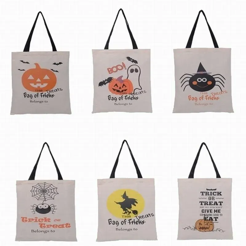 2017 new design Halloween Gift Bags Large Cotton Canvas Hand Bags 6 styles Pumpkin Devil Spider Printed Halloween Candy Gift Sack Bags