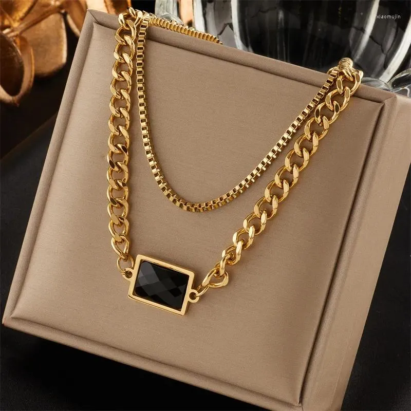 Chains Women Double Layer Light Luxury Stainless Steel Rectangular Retro Black Zircon Necklace Cuban Choker Chain Girls Party Jewelry