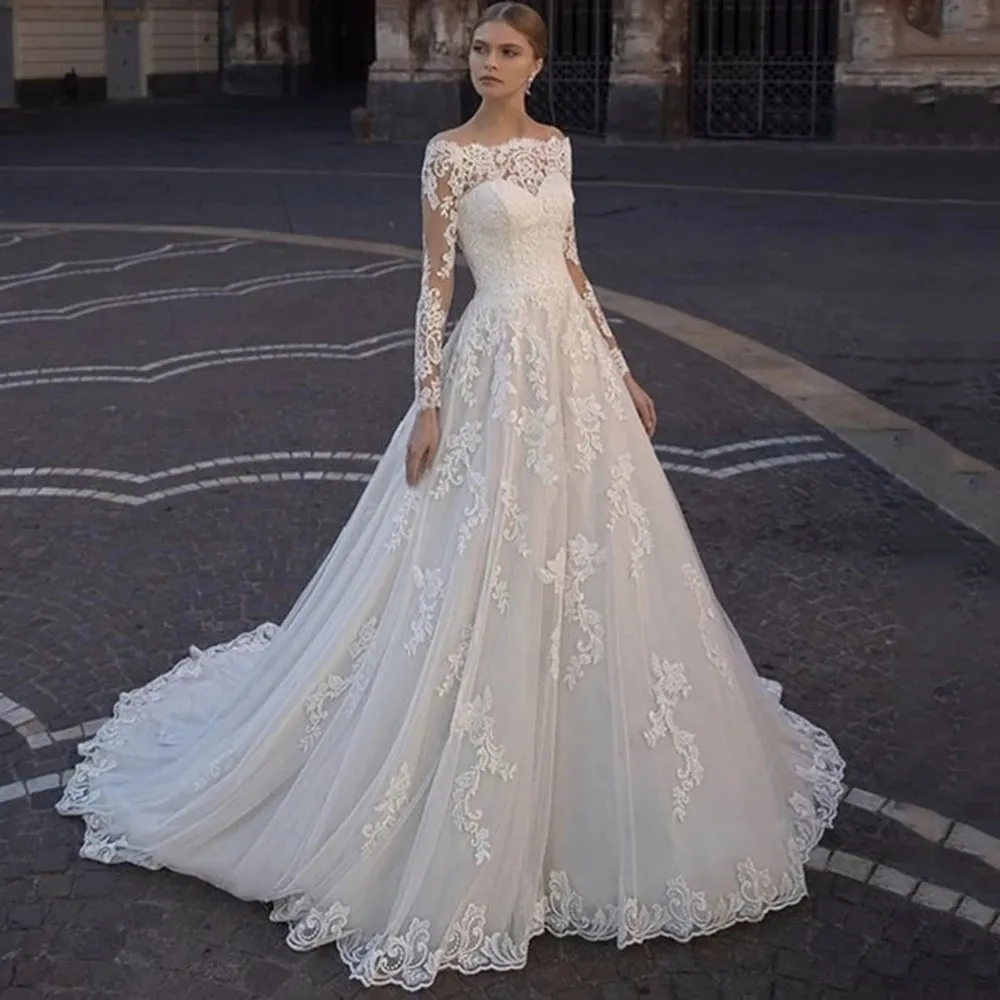 White Boat Neck Chiffon Long Sleeve Wedding Dress main image 0