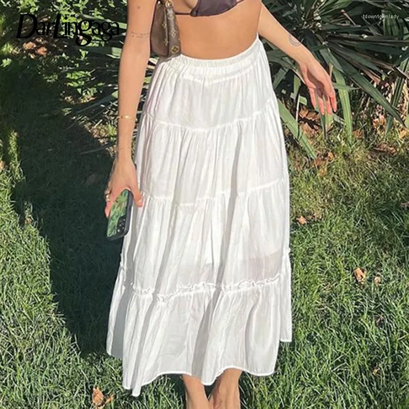 Jupes Couture Casual Frill Blanc Lâche Maxi Jupe Vêtements Coréens Chic Plage Vacances Femme Tenues Y2K Solide