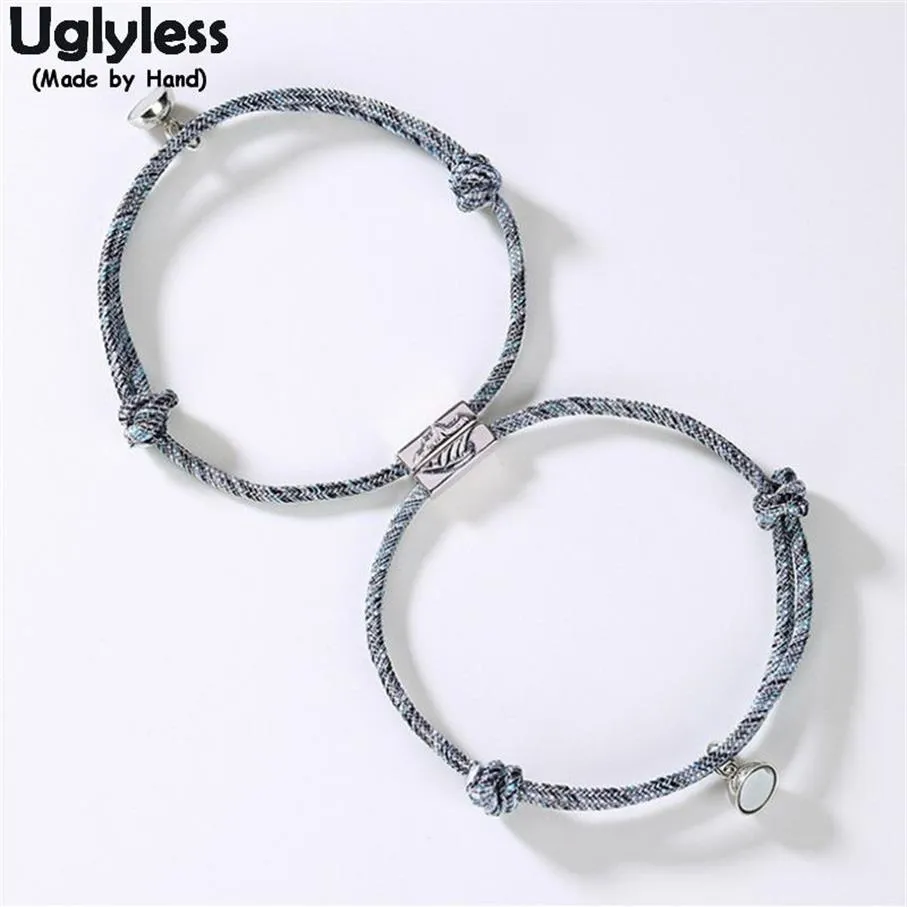 Uglyless 1 пара браслетов для влюбленных «Бесконечность», регулируемый браслет-цепочка из веревки для пар, серебро 925 пробы, горная волна, магнит из бисера, ювелирные изделия C252m
