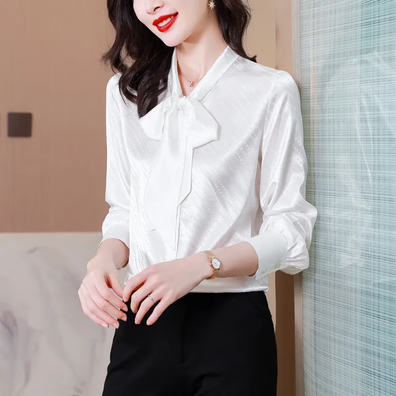 Vintage Ribbon Bow White Blauses Women Designer Silk Satin Runway Shirt Plus Size Autumn Winter Jacquard Button Up Skjorta 2023 Office Lady Long Sleeve Sweet Chic Tops