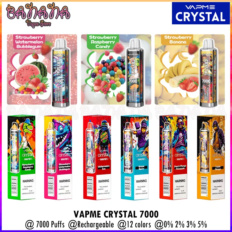 VAPME Crystal 7000 Puffs Descartáveis Vape Pen Mesh Coil Recarregável E Cigarros 650mAh Bateria Pré-cheia 14ml Pods Carrinhos 0% 2% 3% 5% 12 Sabores