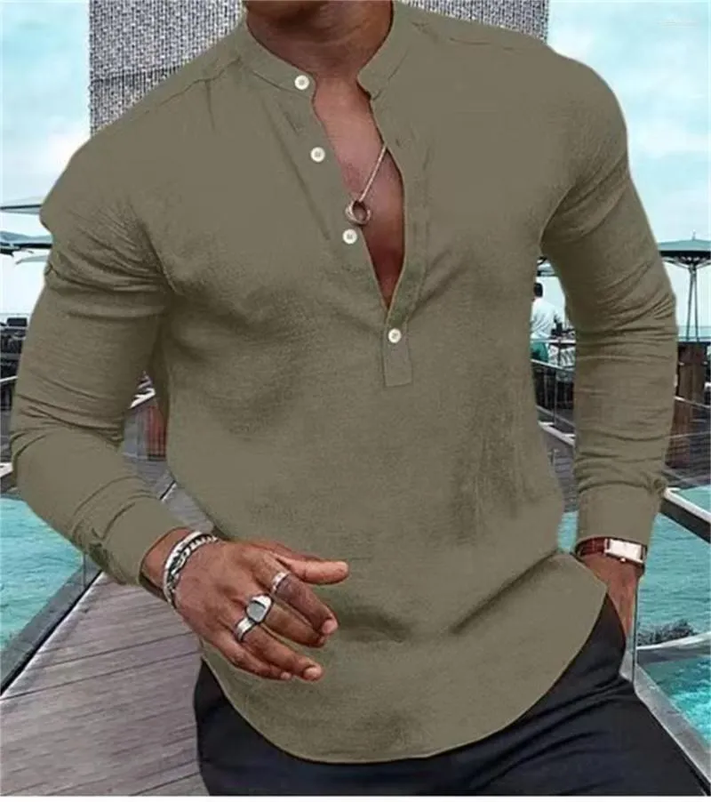 Camicie casual da uomo 2023 Moda di alta qualità Henry Solid Mezza apertura con bottoni Collo in piedi Muscle Street Top S-3XL