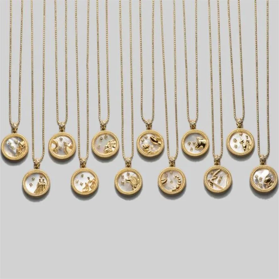 Pendant Necklaces 925 Sterling Silver 12 Zodiac Necklace Shell Round Coin Constellation For Women Jewelry Party Gift294o