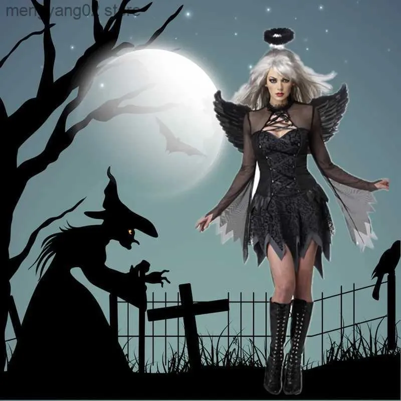 Thema Kostüm Halloween Cosplay Kleid Dark Angel Wings Come Karneval Party Geist Vampir Frau Mesh Sexy Kleid Haar Hoop DW001 T231011