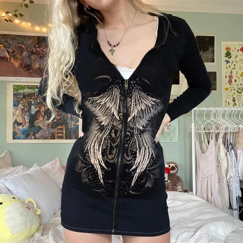 Robes décontractées Harajuku Wing Goth Black Mini Robe Diamants Grunge Fairycore Y2K Sweatshirts À Manches Longues À Capuche Zip Punk Femmes Bod216o