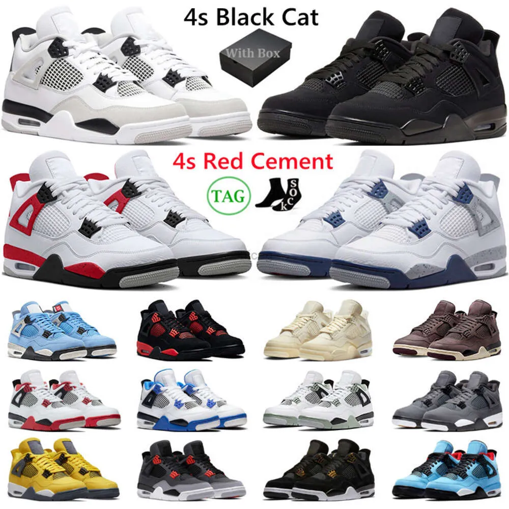 Mit Box 4 Basketballschuhe Herren Damen 4s Black Cat Red Cement Military Black Thunder Midnight Navy University Blue Herren Trainer Sport Sneakers