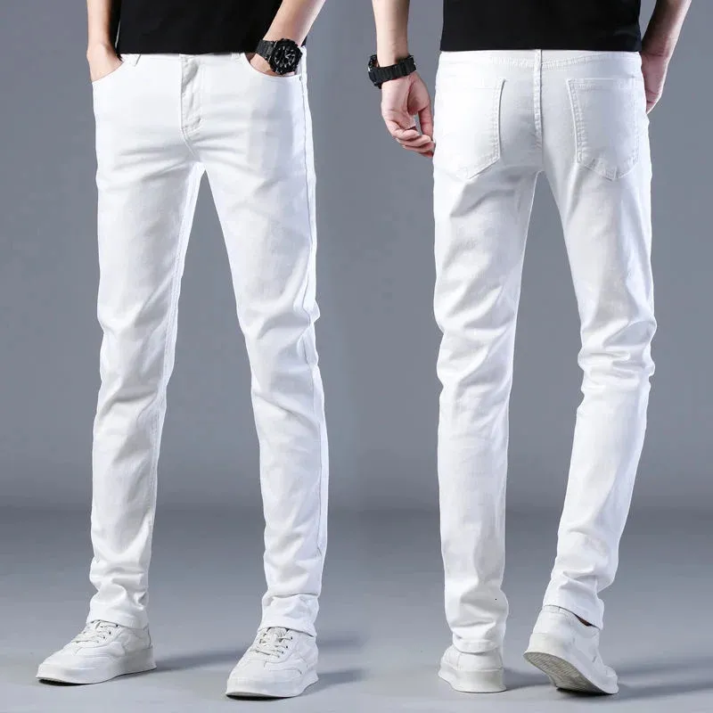 Calças de brim masculinas marca de moda elástica magro ajuste denim calças compridas casual branco perna reta y2k jeans para homem streetwear 231011