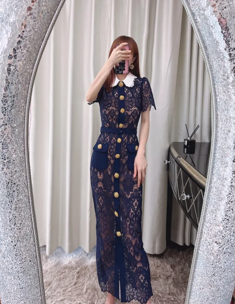 chinese dress ladies Yellow Satin Lace Midi Dress – self-portrait-US main image 1