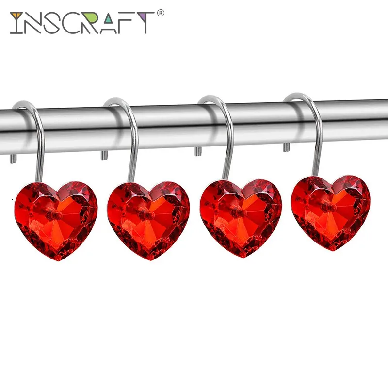 Curtain Poles 12PCS Bling Small Crystal Red Heart Shower Hooks Decorative s Rings for Bathroom Decor 231010