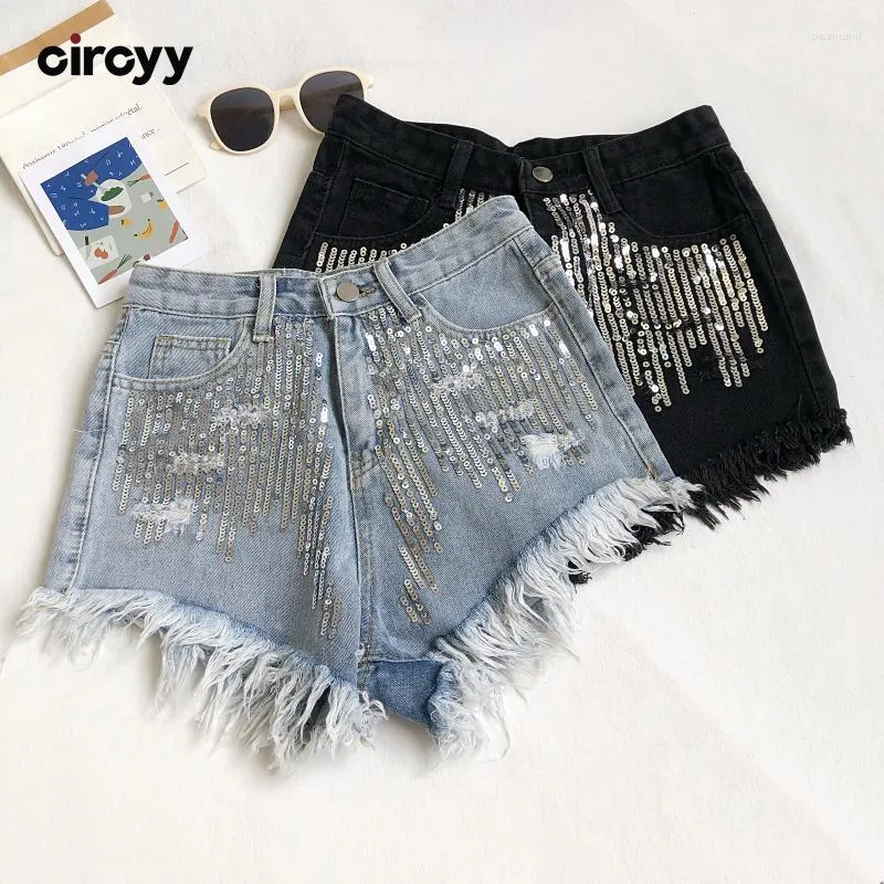 Damenshorts Circyy Pailletten Denim für Frauen 2023 Sommer Hohe Taille Breites Bein Lose Hosen Mode Vintage Burr Shiny Weibliche Kleidung