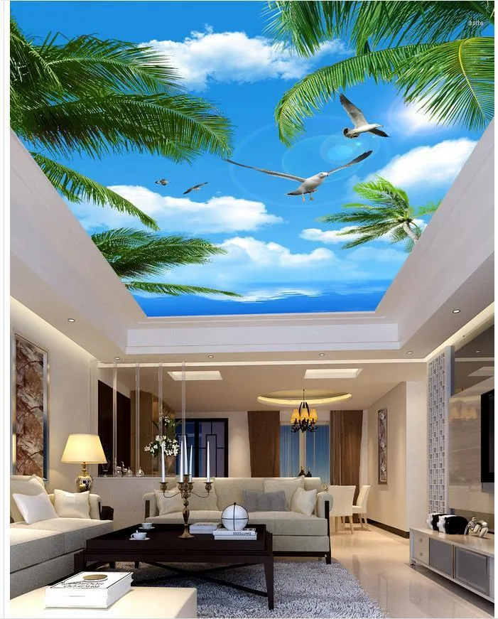 Wallpapers 3d Mural Wallpaper Blue Sky And Sea Palm Ceiling Room Landscape Ceilings