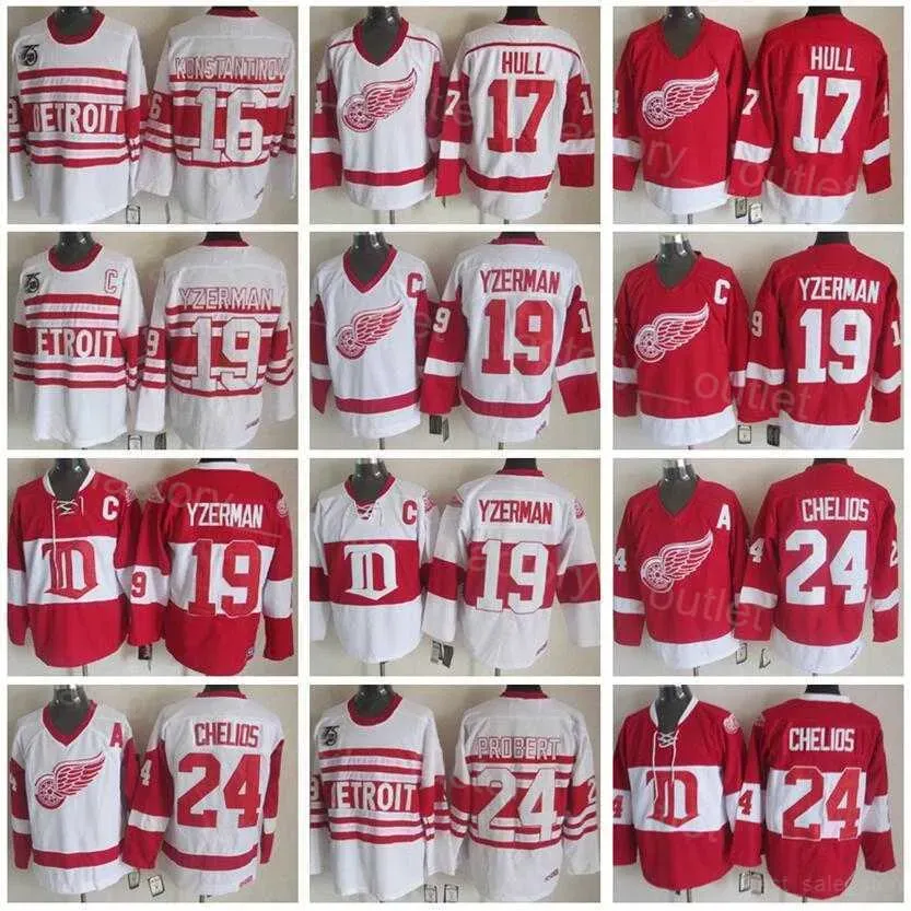 Retro Detroit Retrocesso Red Wings Hóquei 24 Chris Chelios Jersey 75º Ano 19 Steve Yzerman 16 Vladimir Konstantinov 17 Brett Hull Vintage''