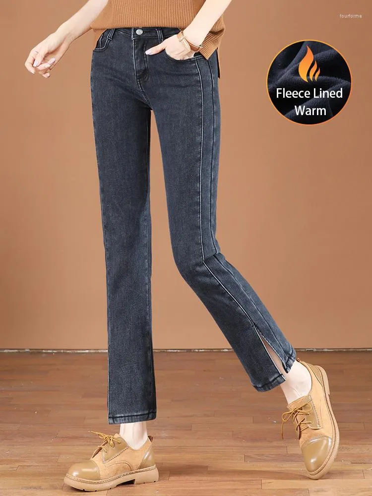 Jeans pour femmes HCXR Femmes 2023 Hiver Taille haute Slim Straight Denim Pantalon Rétro Élégant Polaire Doublé Chaud Mode Pantalon