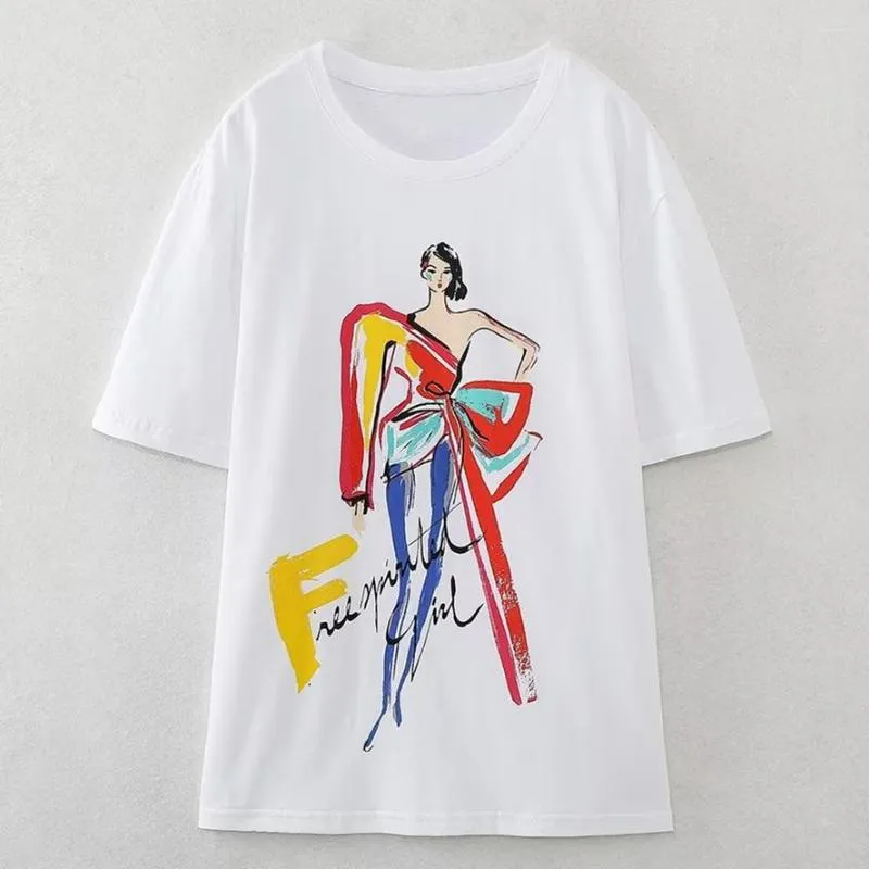 Magliette da donna Maxdutti 2023 Fashion Design T-shirt Ragazze Estate Graffiti Stampa T-shirt bianca Top in cotone per le donne