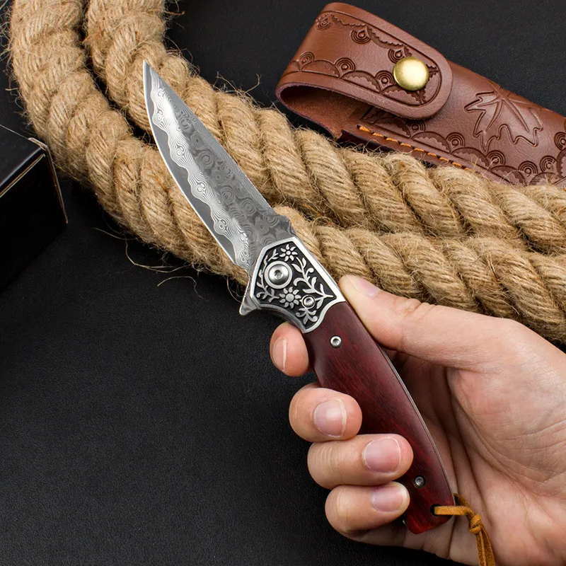 Special Offer H1088 Flipper Folding Knife Damascus Steel Straight Blade Rosewood with Steel Head Handle Outdoor EDC Pocket Folder Knives with Leather Sheath