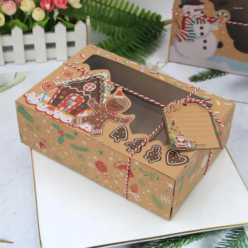 Juldekorationer 12st/Set Kraft Paper Cookie Boxes Bakery med Clear Window Year Present Cupcake Candy Drop