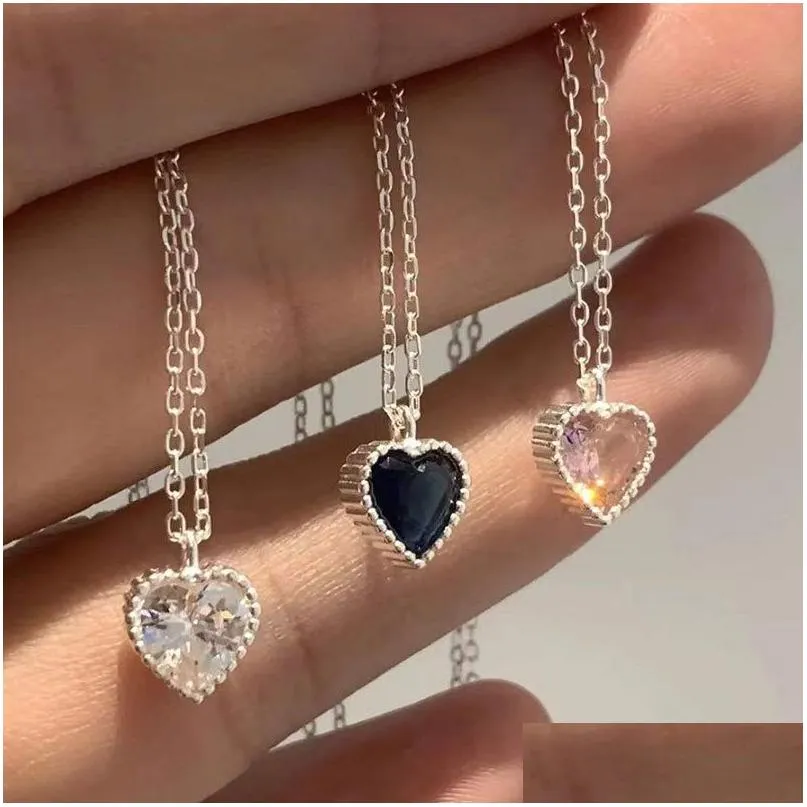 Pendant Necklaces Authentique 925 Sterling Sier colliers pendentifs bleu rose blanc Cz Zircon amour coeur pendentif collier pour les femmes Weddi Dhxcm