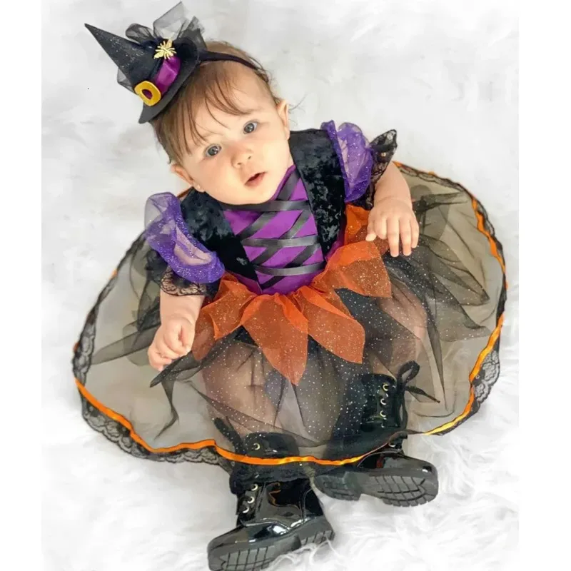 FOCUSNORM Halloween bébé filles princesse barboteuse robe volants maille manches bouffantes Tulle Patchwork Tutu combinaisons avec bandeau 231010