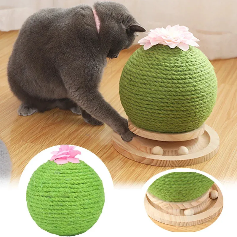 Cat Toys Cat Toy Sisal Cactus Cat Scratching Ball Wood Track With Rolling Ball Kitten Claw Grinding Wear-Resistant Sisal Rope Pet Scratch 231011