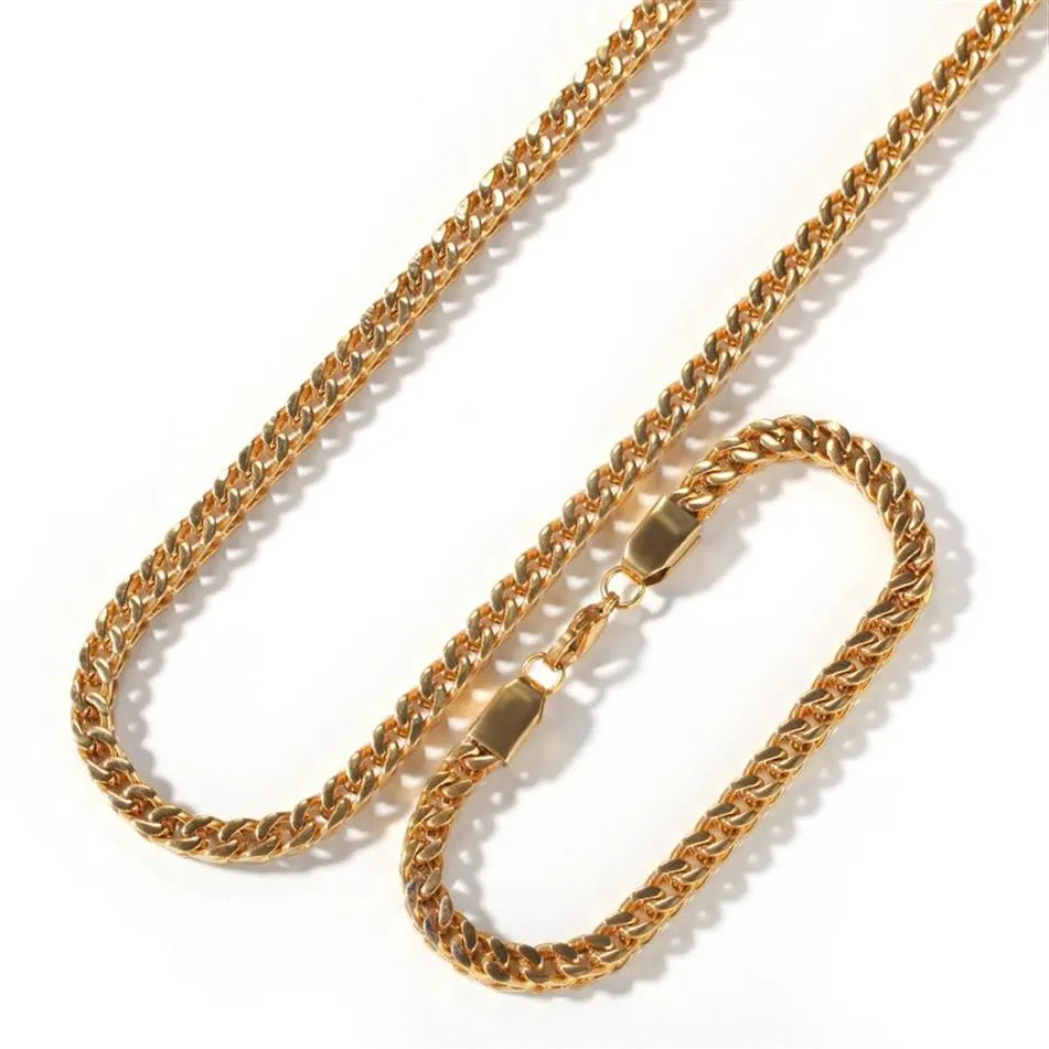 Hiphop guld smycken rostfritt stål halsband miami kubanska kedjor guld män halsband armband set mode hela smycken214x