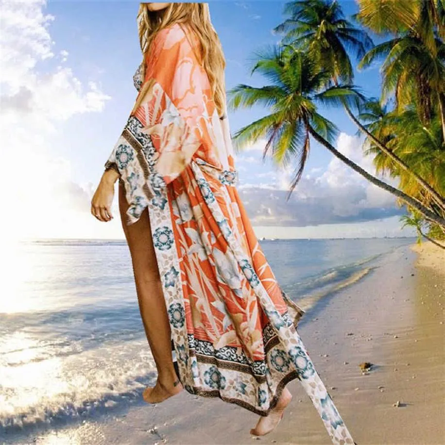 Strandjurk Cover Ups voor Vrouwen Badpak Cover-ups Kimono Blouse Badpak Vest 2021 Bloemen Kraanprint Beachwear Coverup X296g