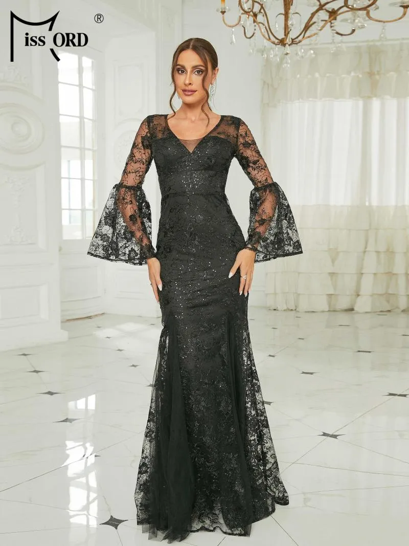 Casual Dresses Missord 2023 Black Lace Formal Evening Women Elegant V Neck Flare Sleeve Bodycon Mesh Wedding Party Prom Dress Long Gown