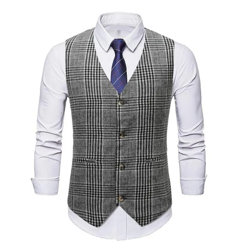 Mäns västar för män Slim Fit V-ringning Plaid Single-Breasted Suit Vest Top Casual ärmlös Formell Business Jacket209J